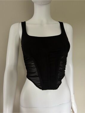 TAZGA Black Mesh Corset Crop Top XS Square Neck Sleeveless Sheer Bustier